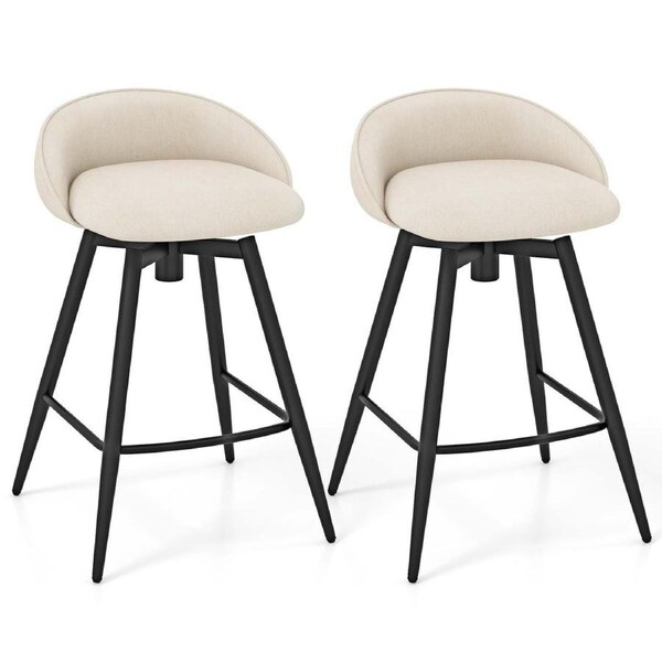 Costway 63cm Upholstered Bar Stools Set 2x Counter Height Swivel Barstool w/Footrest Kitchen Dining Chairs Beige