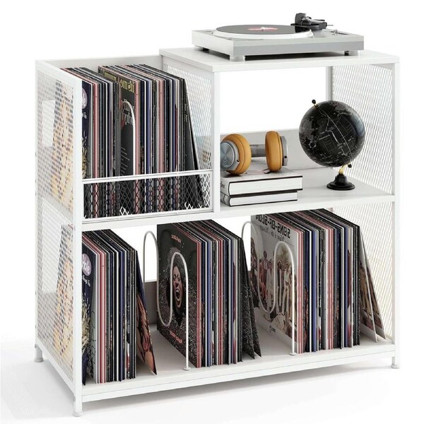 Costway 3-Tier Record Player Stand Turnable Vinyl End Table w/3 Removable Dividers Record Cabinet White
