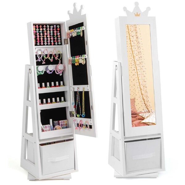 Costway 360° Swivel Jewelry Cabinet 3in1 Armoire Dressing Mirror w/Rear Rack Storage Organizer White