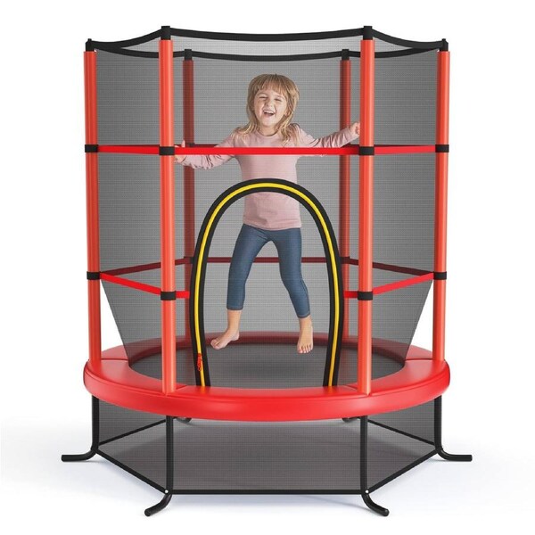 Babyjoy Kids Mini Trampoline Indoor Outdoor Jumping Mat w/Enclosure Net Recreational Round Trampoline Red