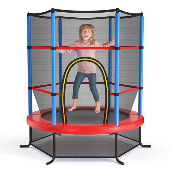 Babyjoy Kids Mini Trampoline Indoor Outdoor Jumping Mat w/Enclosure Net Recreational Round Trampoline Blue