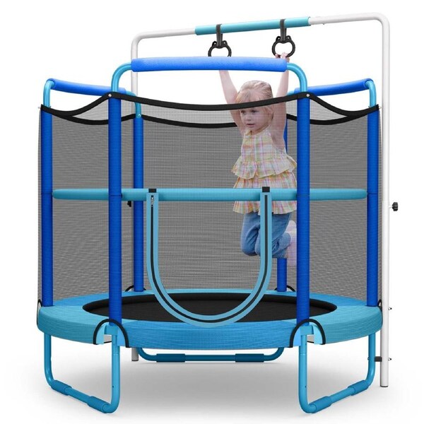 Babyjoy 3-in-1 Kids Trampoline Heavy Duty Mini Trampoline w/Swinging Rings Indoor Outdoor Play Set Blue