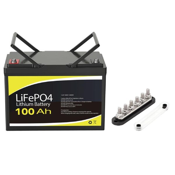 12V 100Ah Lithium Battery + 6 GANG 300A Bus Bar Black