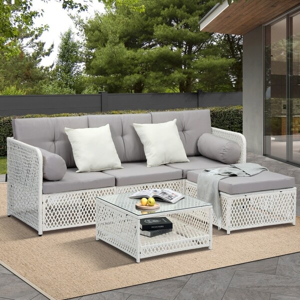 Livsip Outdoor Furniture Sofa Set 5PCS Wicker Lounge Setting Table Chairs Garden