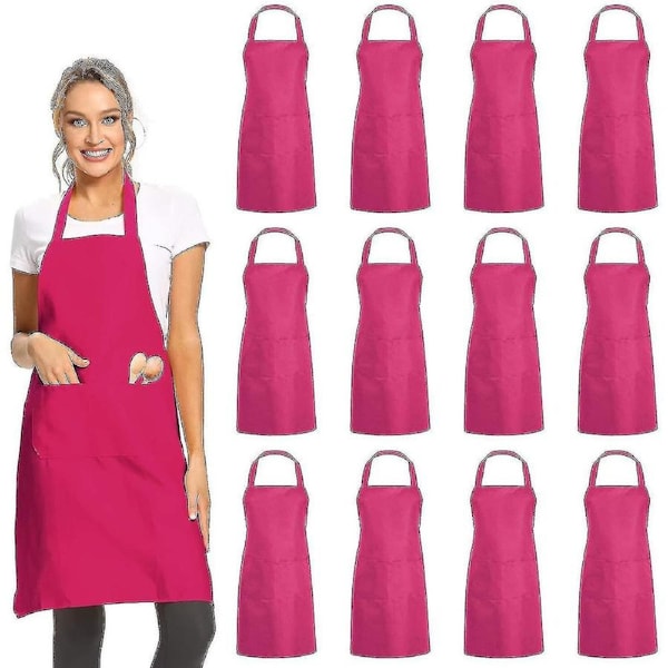 JOYBUY 12 Pack Plain Bib Aprons With 2 Pockets - Pink Unisex Commercial Apron Bulk For Kitchen Cooking