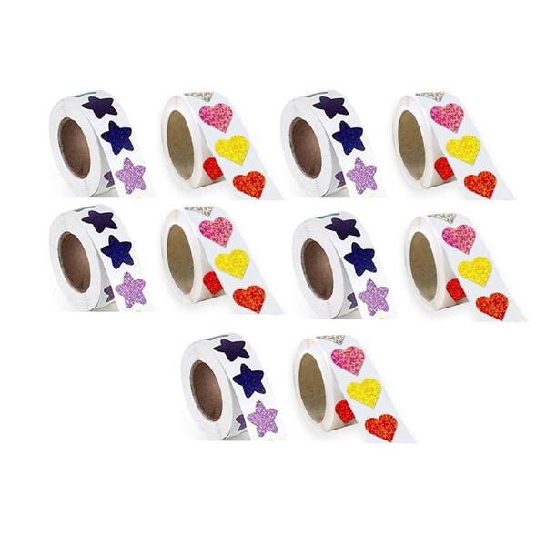 10PCS Self-Adhesive Star Heart Stickers 500 per Roll Reward Chart Decoration Labels
