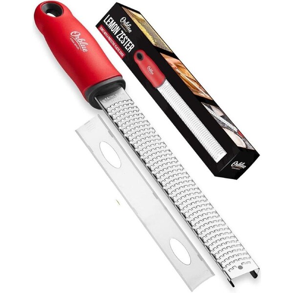 Orblue Lemon Zester & Cheese Grater - Premium Citrus Zester, Kitchen Grater for Parmesan, Chocolate, Fruits, Vegetables, Ginger, Garlic, Nutmeg - Stainless Steel Blades with Protective Cover Red