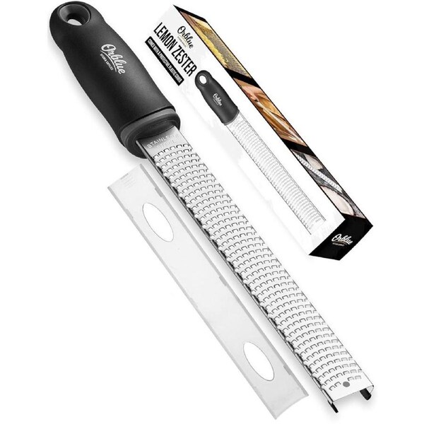 Orblue Lemon Zester & Cheese Grater - Premium Citrus Zester, Kitchen Grater for Parmesan, Chocolate, Fruits, Vegetables, Ginger, Garlic, Nutmeg - Stainless Steel Blades with Protective Cover Black