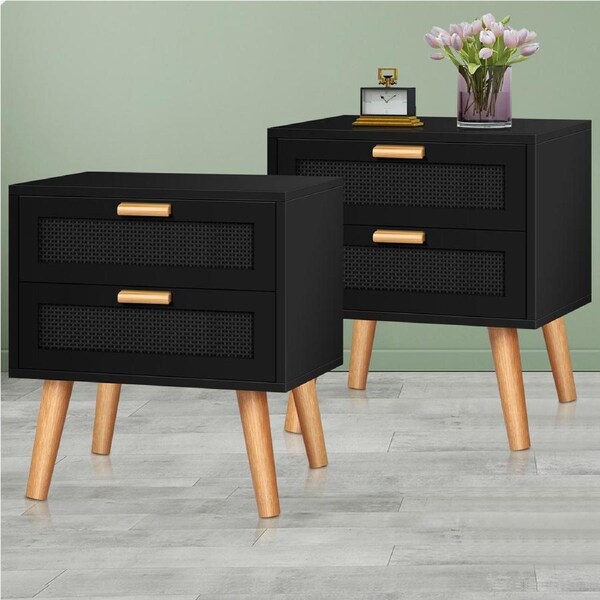 ALFORDSON 2x Bedside Table Nightstand Side Table Rattan Black