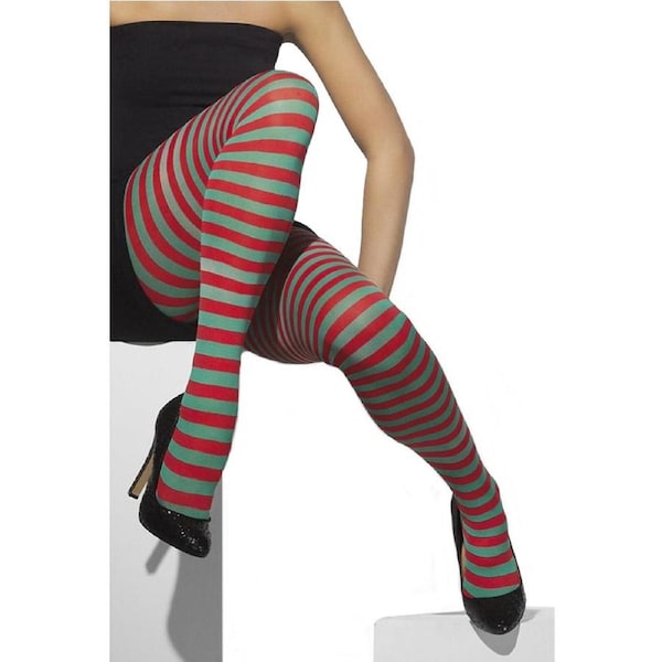 Red and Green Striped Opaque Tights