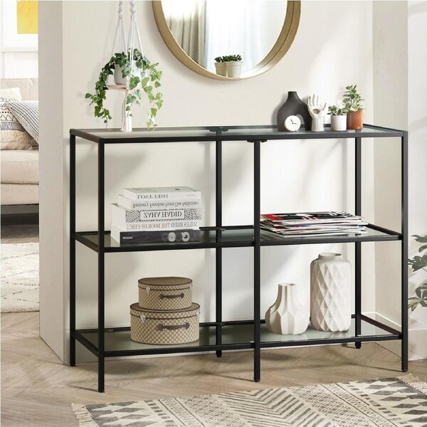 Oikiture 3 Shelves Console Table Tempered Glass Sofa Table Hall Side Entry Black
