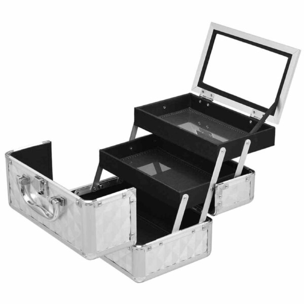 Costway 23x15x15cm Portable Cosmetic Diamond Pattern Makeup Case Beauty Case Organizer w/Mirror Silver