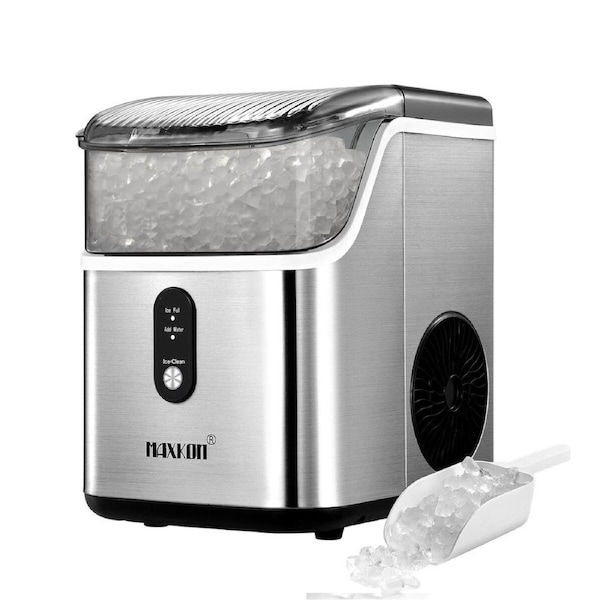 Maxkon Nugget Ice Maker Countertop Portable Compact Pebble Pellet Machine Crusher 15kg for Home Kitchen Office with Handle Silver