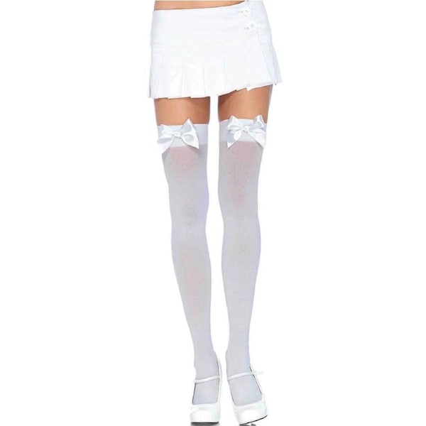 White Opaque Thigh High Stockings with White Satin Bow