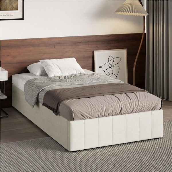 1x Oikiture Bed Frame King Single Gas Lift Storage Base Velvet Cream FURB