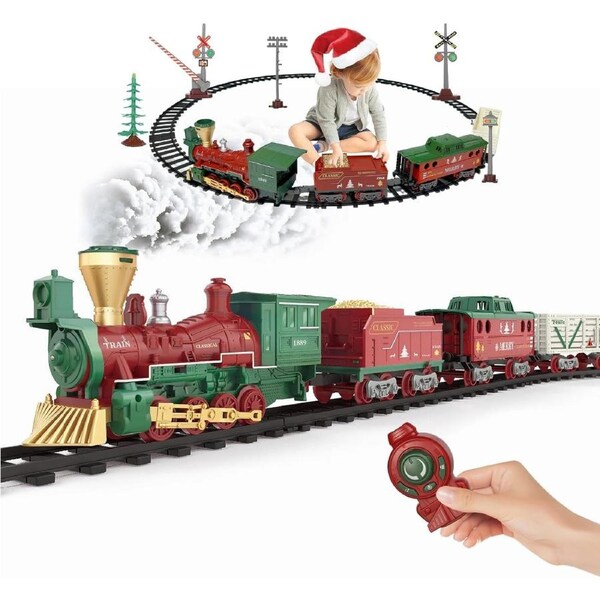 Christmas Electric Train Toys with Sound & Light Locomotive Engine Cargo Car & Tracks 3 Carriages Steam 950MM