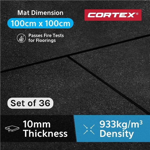 CORTEX 10mm Commercial Bevelled Edge Rubber Gym Tile Mat (1m x 1m) - Set of 36
