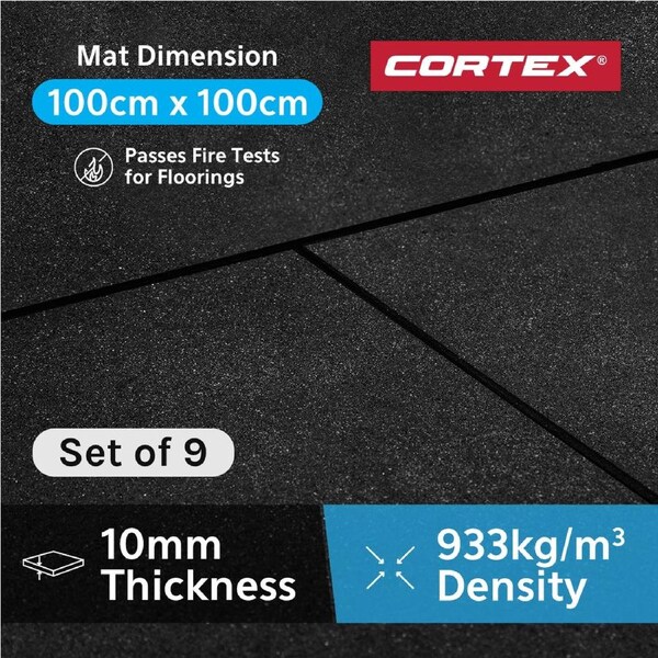 CORTEX 10mm Commercial Bevelled Edge Rubber Gym Tile Mat (1m x 1m) - Set of 9