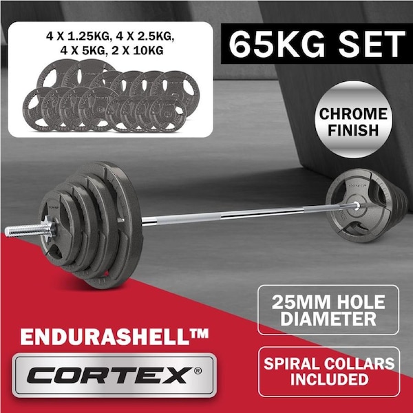 CORTEX 65kg Tri-Grip Standard Barbell Weight Set 25mm