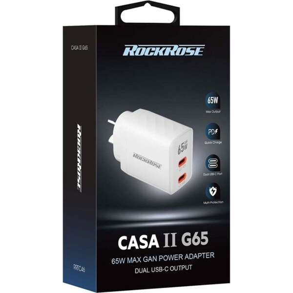Rockrose Casa II G65 65W Dual USB-C Port GaN Power Travel Adapter White