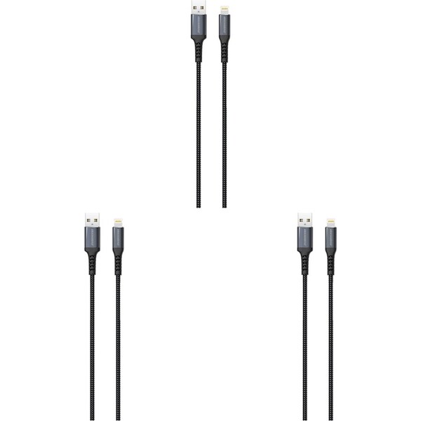 3x Rockrose Powerline AL 2.4A 8-Pin Fast Charge & Data Sync Cable 1M Black