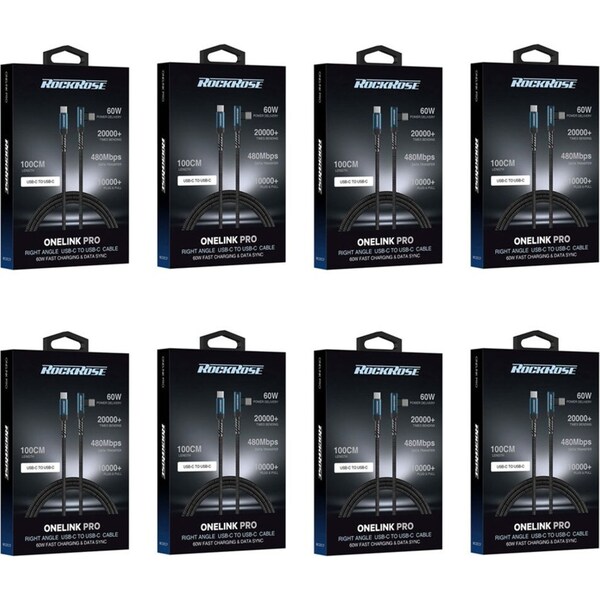 8x Rockrose OneLink Pro 60W Right Angle USB-C to USB-C Nylon Braided Cable