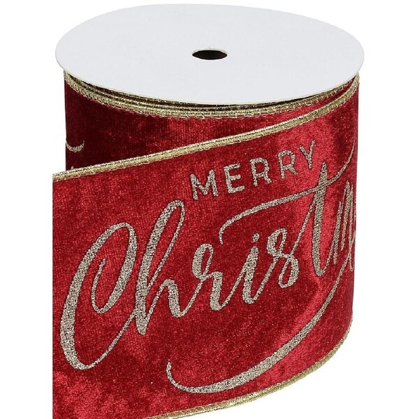 10m Large Red Velvet With Gold Merry Christmas Wide Cut Ribbon