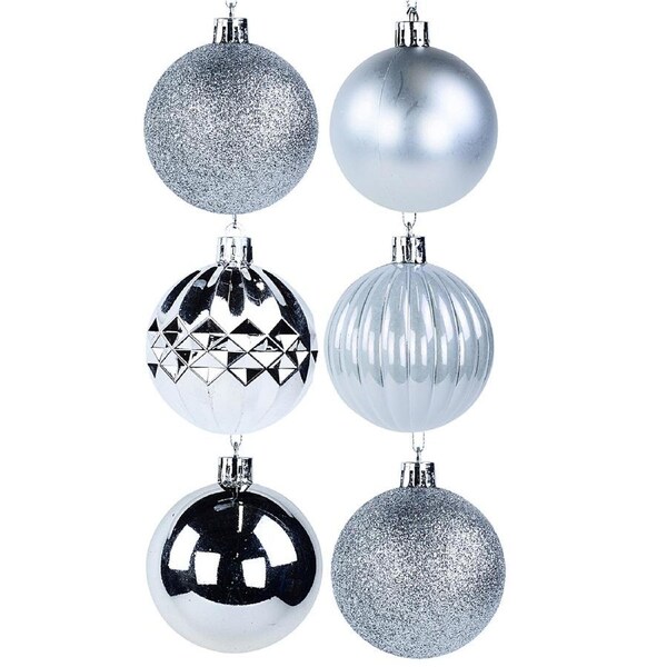 Silver Assorted Shiny, Matte, Glitter & Pearl Christmas Baubles - 35 x 60mm