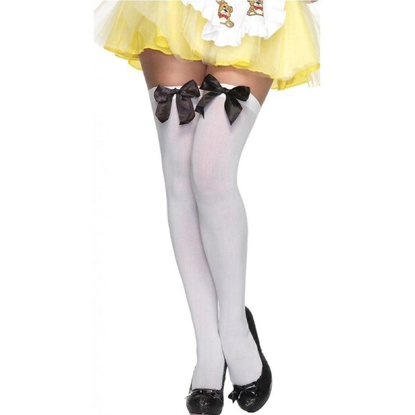 White Opaque Thigh High Stockings with Black Satin Bows