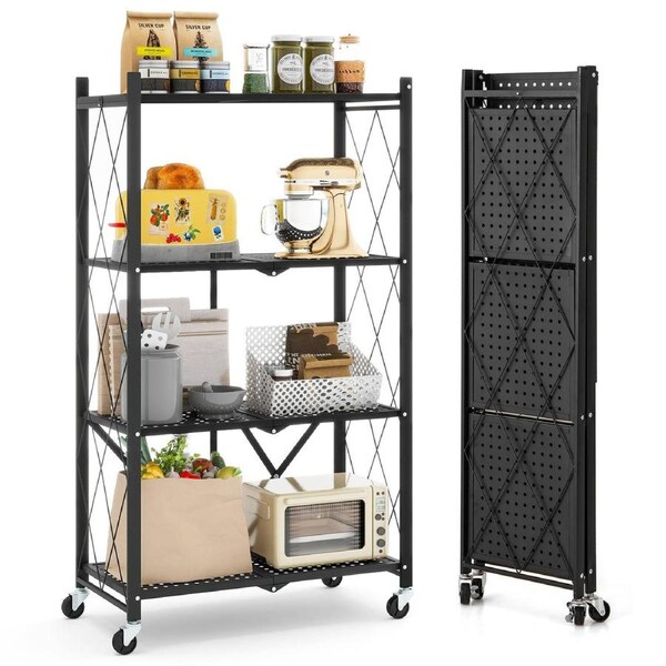 Giantex Foldable Shelving Unit 4-Tier Height Adjustable Storage Rack w/Lockable Wheels Black