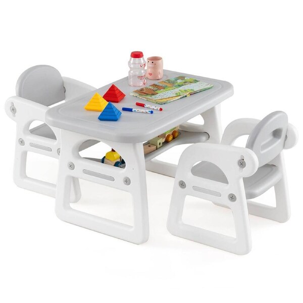 Giantex 3PCS Table and Chair Set Activity Desk w/Building Blocks Studying Desk Grey
