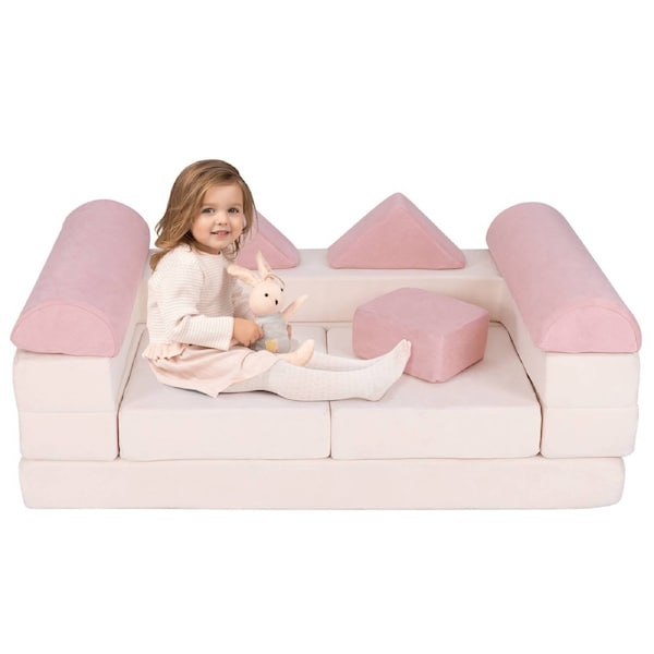 Giantex Kids Play Couch Modular Sofa Foam Couch w/Breathable Suede Fabric Beige & Pink