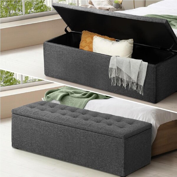 Oikiture Storage Ottoman Blanket Box Linen/Faux Leather Toy Foot Stool L/XL Dark Grey Linen 139 cm