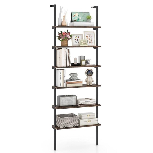 Costway 6-Tier Ladder Shelf Industrial Wall Mounted Display Bookshelf w/Metal Frame Brown