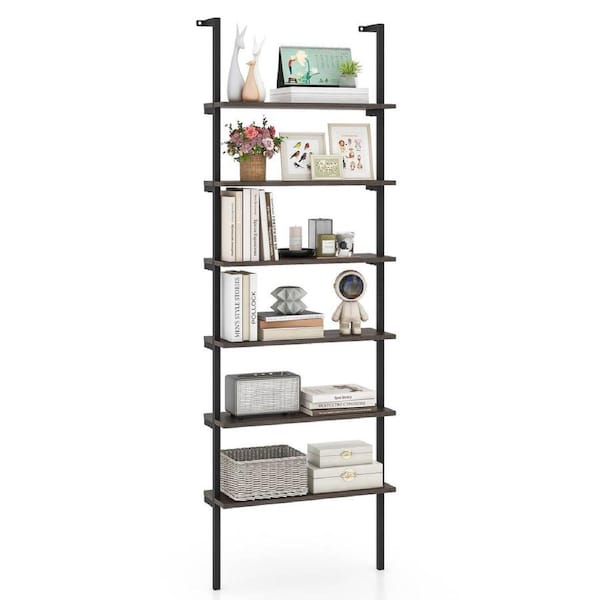 Costway 6-Tier Ladder Shelf Industrial Wall Mounted Display Bookshelf w/Metal Frame Grey