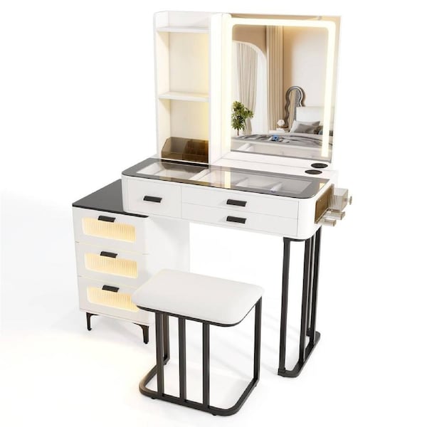 Costway Metal Makeup Vanity Desk Set w/LED Light Adjustable Mirror & Power Outlets 3 Drawers Dressing Table Stool White
