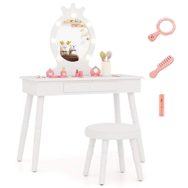 Costway 2-in-1 Vanity Set Princess Makeup Dressing Table Set w/Mirror Pretend Play Vanity Table Girls White