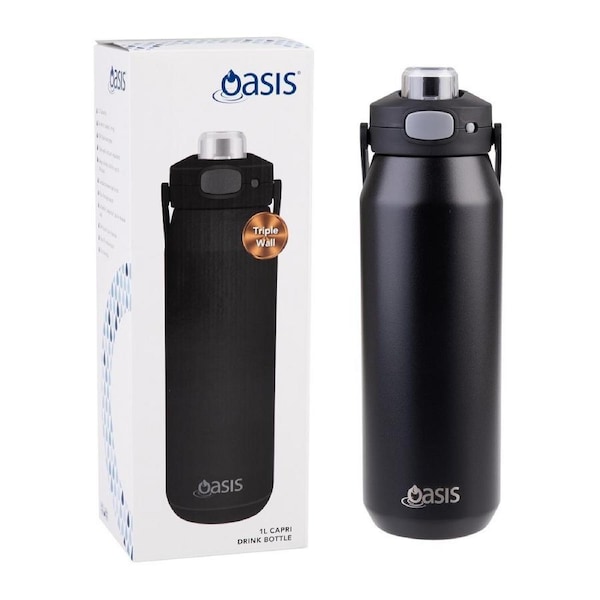 Oasis Capri Stainless Steel Ceramic Lined Insulated Drink Bottle 1L - Black