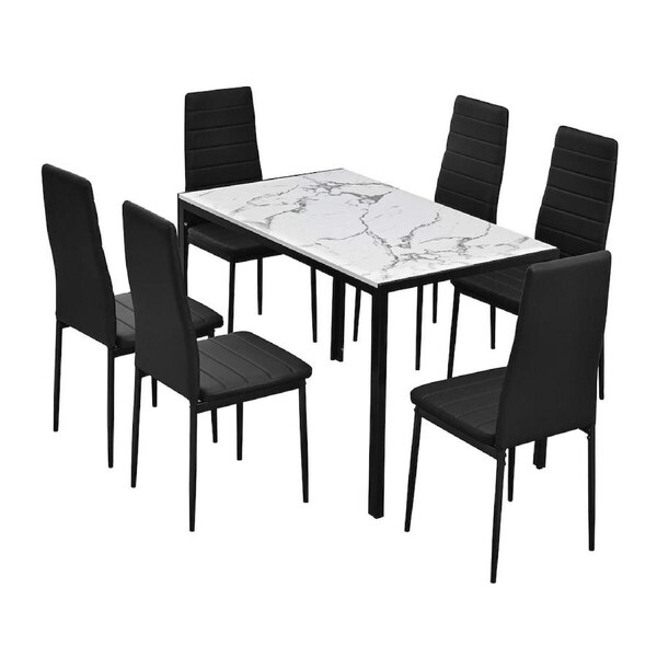 Dining Table Set 6 Chairs Large Glossy Dinner Kitchen Desk Seats White Modern Office Bedroom Work Reception Furniture Faux Marble Top