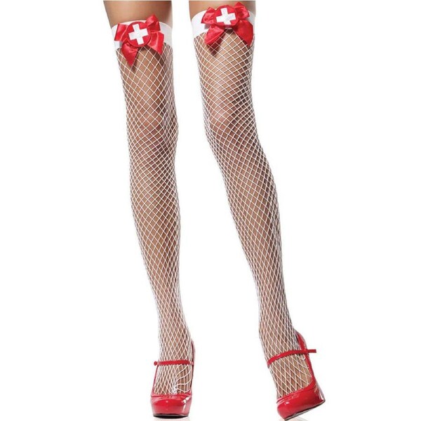 Nurse Bow with Badge Industrial Net Thigh High Stockings