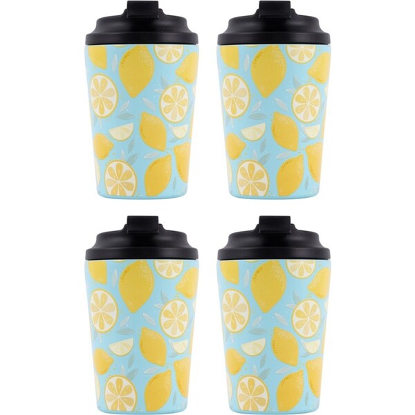 4x Splosh Sip By Splosh Lemon Stainless Steel Insulated Travel Coffee Cup 380ml