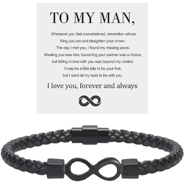 To My Man, Infinity Leather Bracelet Husband Gifts From Wife I Love You Forever And Always Bracelet Boyfriend Anniversary Birthday Christmas Fathers G