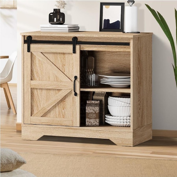 Oikiture Buffet Sideboard Storage Cabinet Kitchen Cupboard Hallway Kitchen Sliding Door Natural