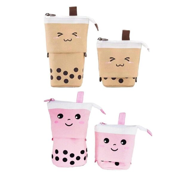 Cute Bubble Tea Cartoon Stationery Box Retractable Standing Pencil Holder Case