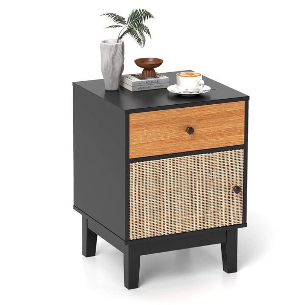 Costway Nightstand Side Cabinet Bedside Table Boho Side End Table w/Naito Cabinet Door