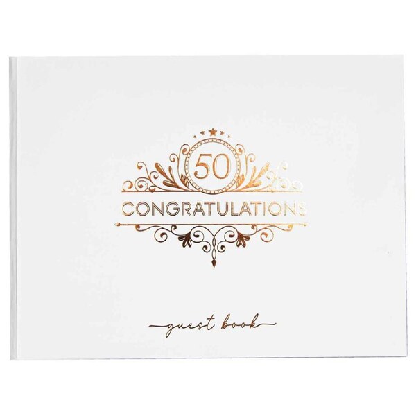 50th Guest Book 80-Pgs Wedding/Anniversary Keepsake 23x18cm White/Rose Gold