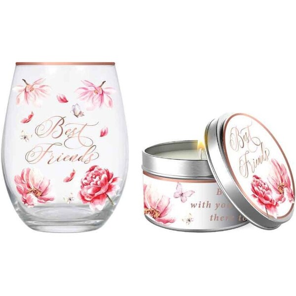 2pc Best Friend 520ml Stemless Glass Tumbler & Candle Vanilla Scent Set