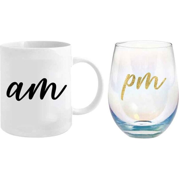 2pc Am/Pm 360ml/600ml Ceramic Coffee/Tea Mug & Stemless Glass Set Drinkware