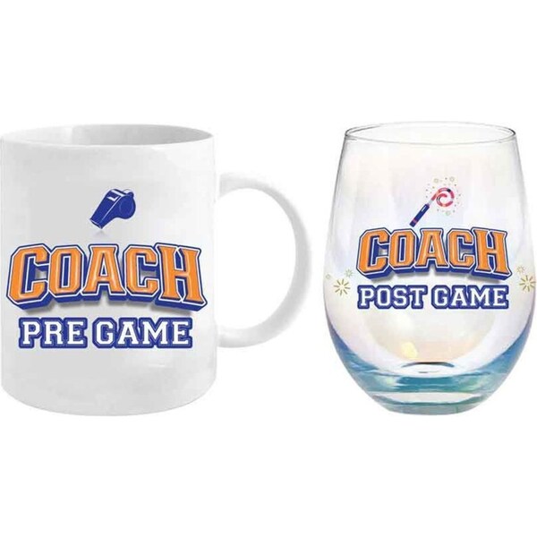 2pc Coach Pre/Post Game 360ml/600ml Ceramic Coffee Mug & Stemless Glass Set