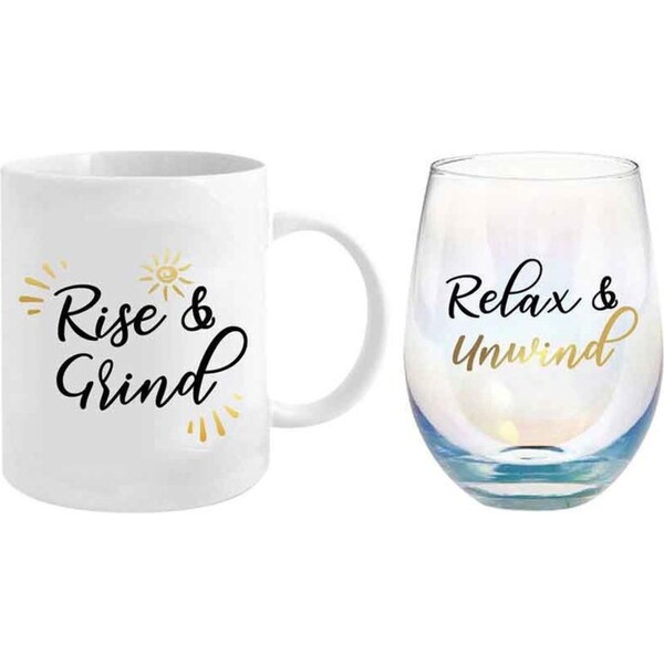 2pc Rise & Grind/Relax & Unwind 360ml/600ml Ceramic Mug & Stemless Glass Set